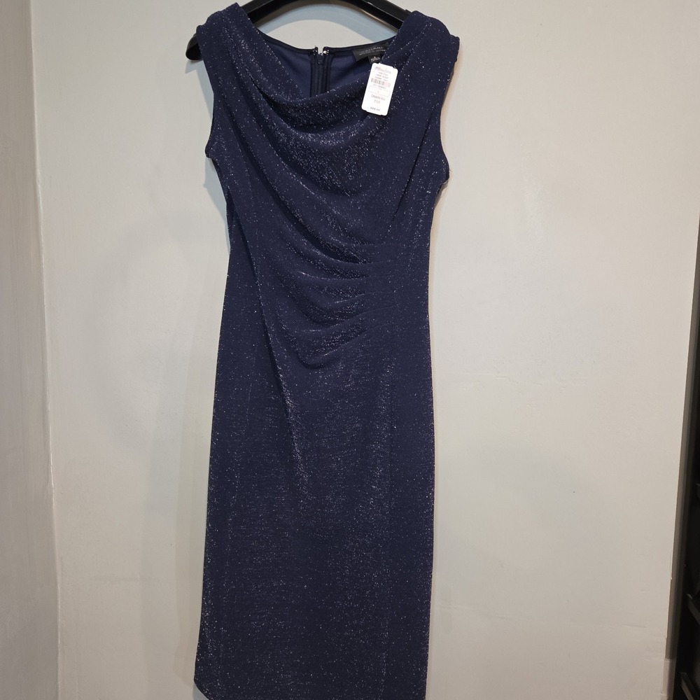 Tahari Dress Navy Blue Metallic Glitter Cowl Neck Sheath Cocktail Womens Size 2